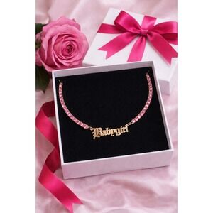 Necklace "BabyGirl" Gold Tone With Wine Colored Rhinestones